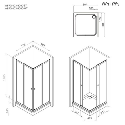 Душевое ограждение 80x80 см, без поддона AM.PM Sunny W87G-403-8080-MT фото 9