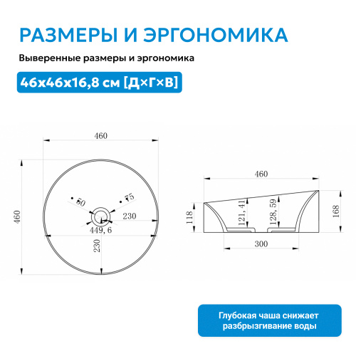 Раковина накладная 46х46см круглая  белая матовая  ABBER Stein AS2607 фото 2