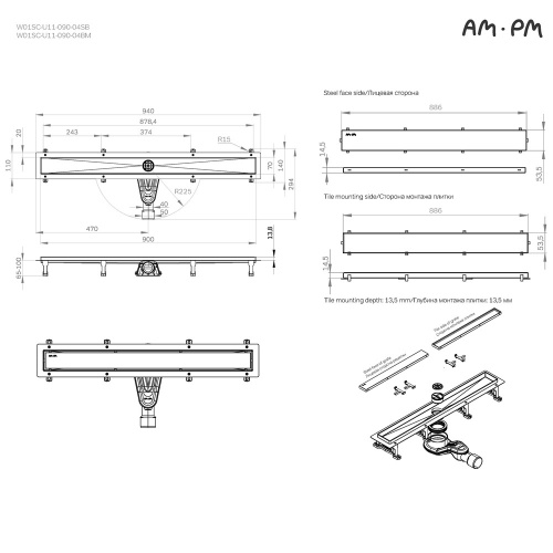 Трап для душа линейный, универсальный затвор Tile, 90 см AM.PM MasterFlow W01SC-U11-090-04SB фото 5