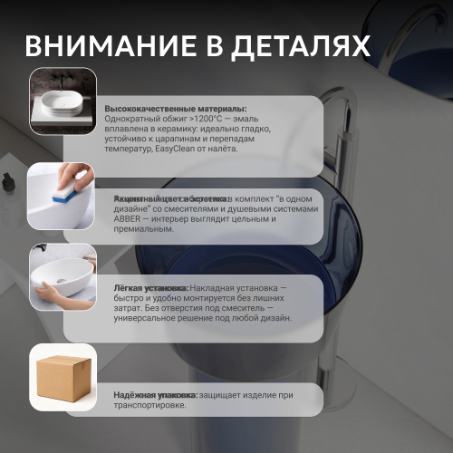 Раковина отдельностоящая прозрачная 45х45см круглая  синяя  ABBER Kristall AT2702Saphir-H фото 10