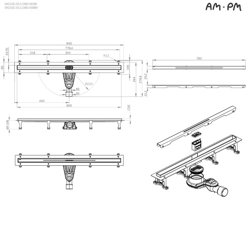 Трап для душа линейный, универсальный затвор Slim line, 80 см AM.PM MasterFlow W01SC-S11-080-05SB фото 5