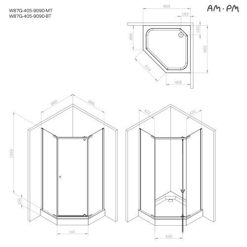 Душевое ограждение 90x90 см, пятиугольное, без поддона AM.PM Sunny W87G-405-9090-MT фото 9