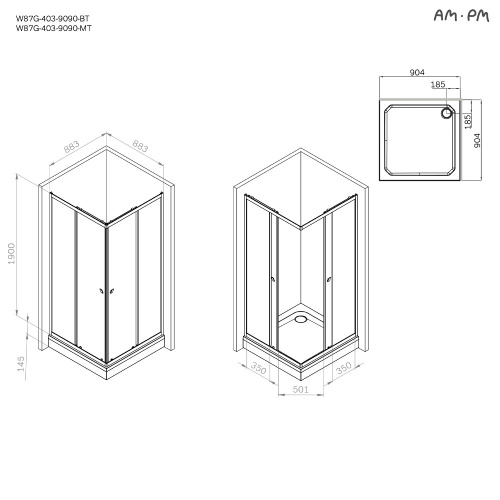 Душевое ограждение 90x90 см, без поддона AM.PM Sunny W87G-403-9090-MT фото 10